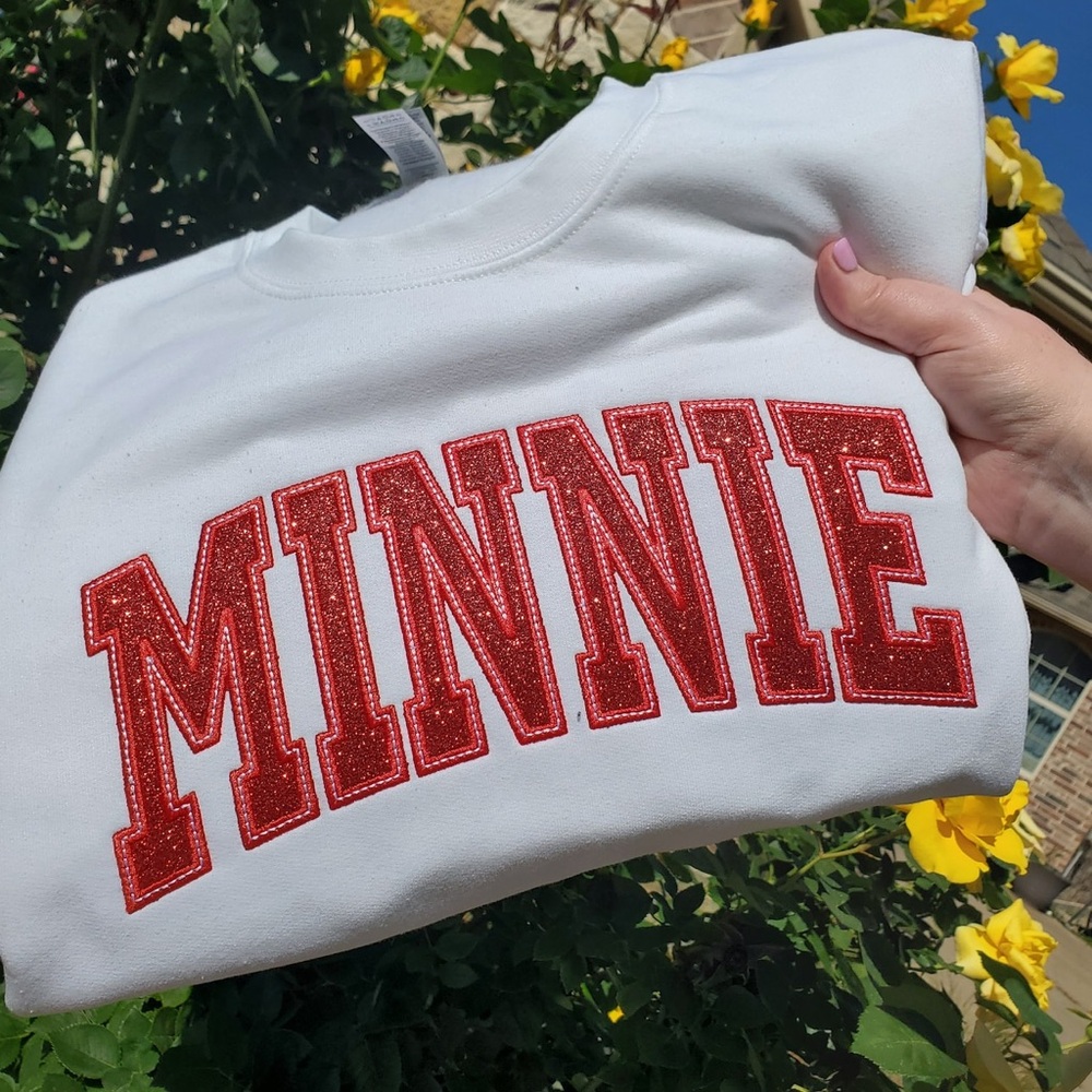 Gildan Women’s White Sweatshirt with Red Minnie Appliqué